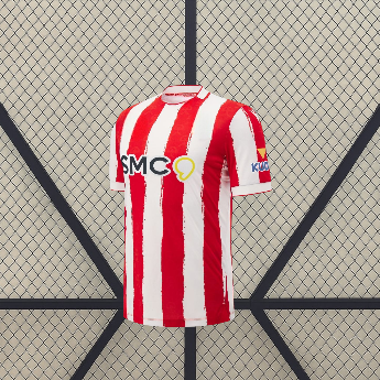 Camiseta Almería 26-27 local vista frontal con franjas verticales rojas y blancas, cuello redondo y manga corta