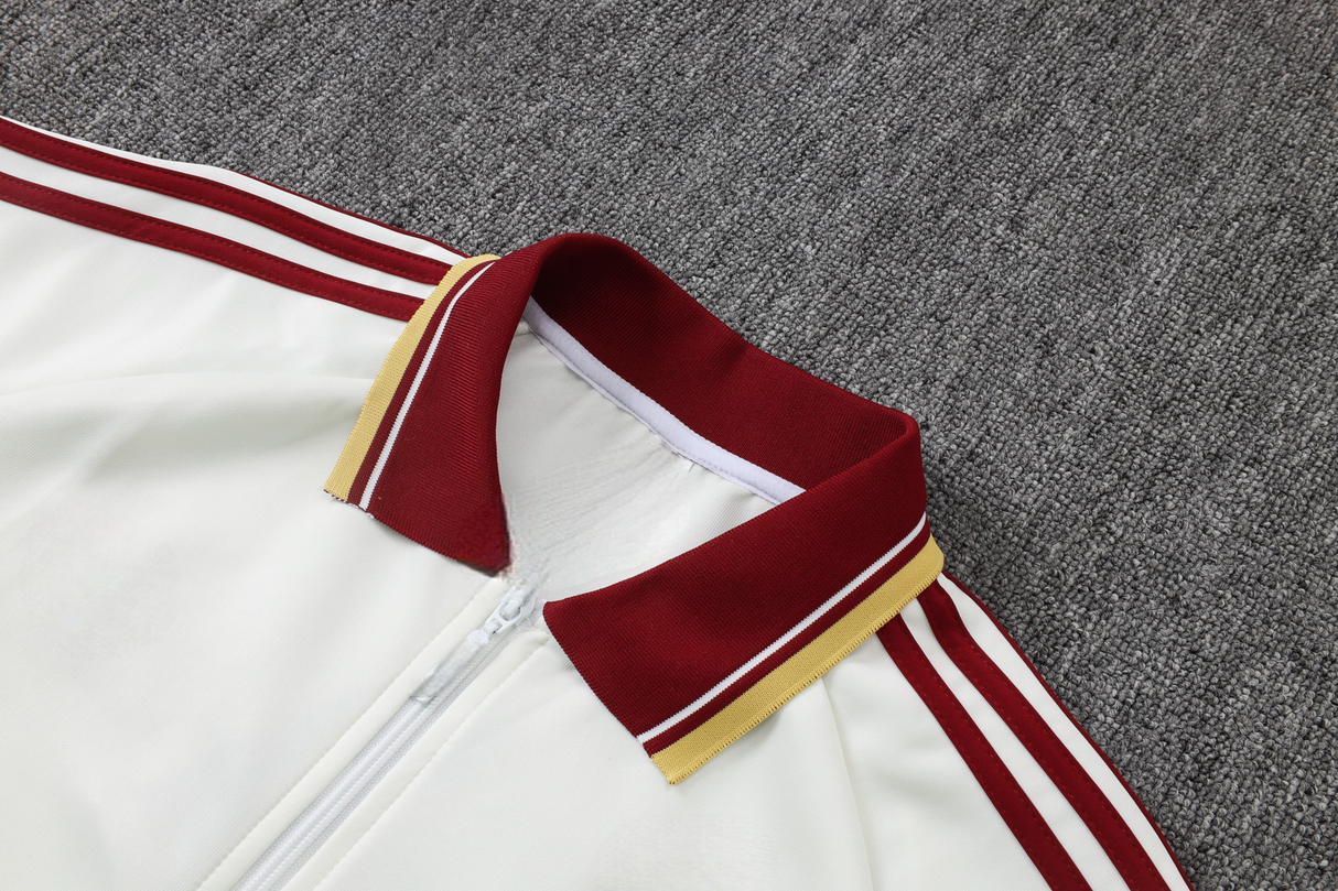 Detalle del cuello tipo polo granate y dorado y franjas de la manga del chándal España 26-27 Modelo 2
