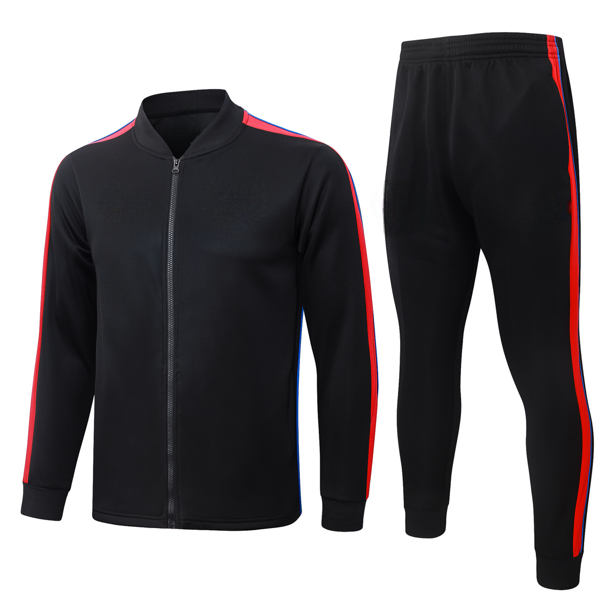 Vista frontal del chándal PSG 26-27 Modelo 1 con chaqueta negra de cremallera completa y pantalón negro con franjas rojas