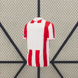 Camiseta Almería 26-27 local vista trasera con amplio panel blanco y franjas verticales rojas y blancas en laterales y parte inferior