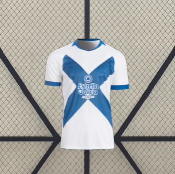 Camiseta Deportivo La Coruña 26-27 tercera equipación vista frontal en blanco con gran aspa azul y cuello y puños a contraste