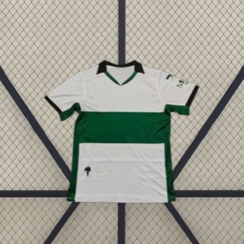 Camiseta Elche 26-27 local vista frontal en blanco con amplia franja verde en el pecho, paneles laterales verdes y cuello en V