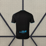 Camiseta Tenerife 26-27 visitante vista trasera en negro con ribetes azul turquesa en mangas y acabado liso