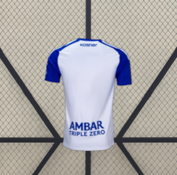 Camiseta Zaragoza 26-27 local vista trasera en blanco con mangas azules y detalles a contraste en hombros y cuello