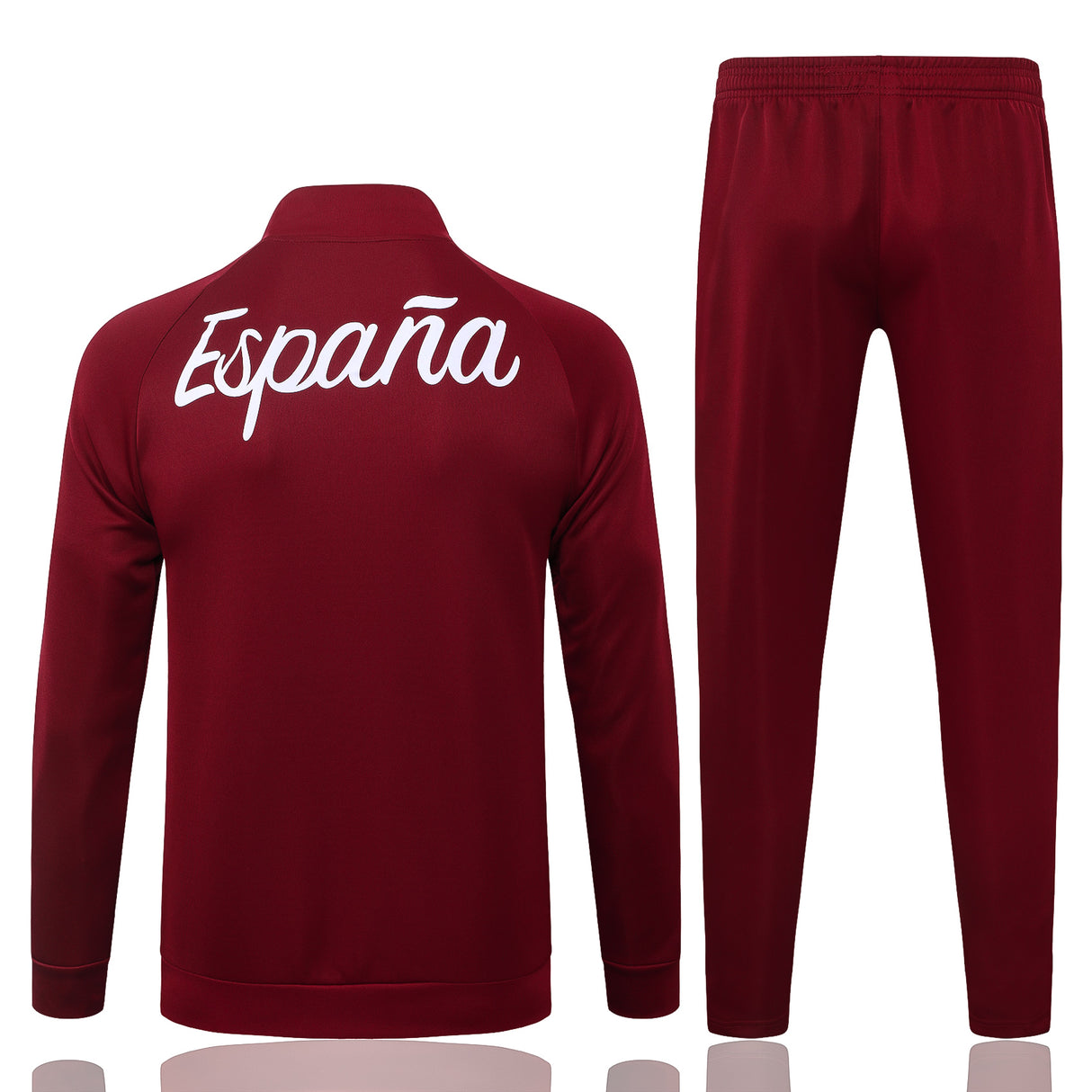 Chándal España 26-27 Modelo 1 vista trasera con chaqueta granate, texto España en blanco y pantalón granate