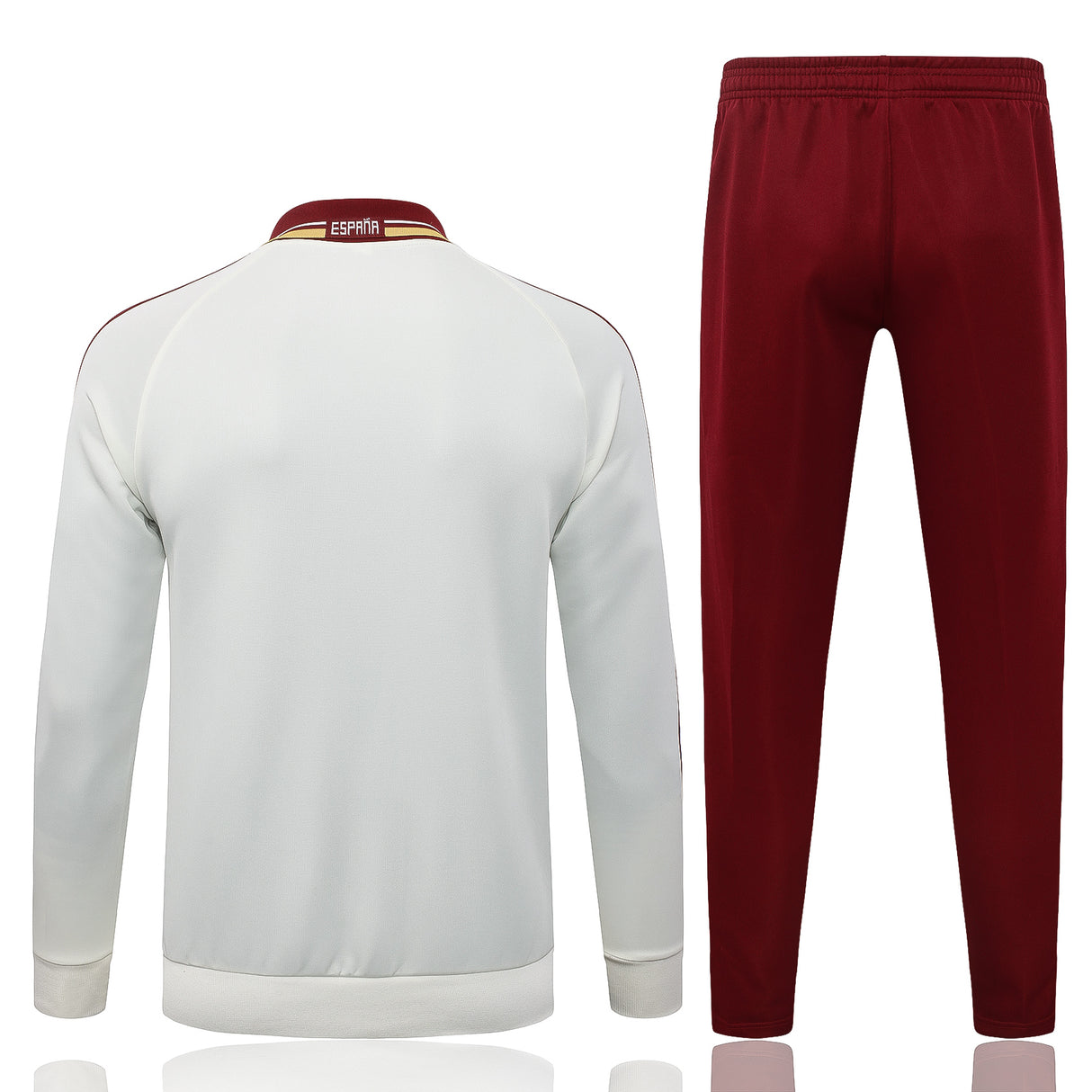 Chándal España 26-27 Modelo 2 vista trasera con chaqueta blanca, cuello granate con detalle España y pantalón granate