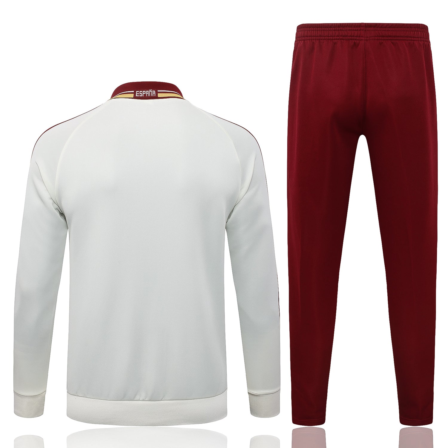 Chándal España 26-27 Modelo 2 vista trasera con chaqueta blanca, cuello granate con detalle España y pantalón granate