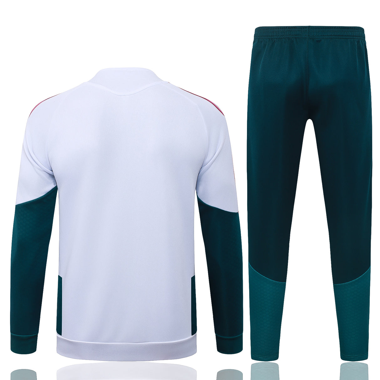 Chándal R.M. 26-27 modelo 1 vista trasera con chaqueta blanca de manga larga y pantalón largo verde petróleo