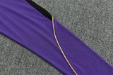Detalle de la manga morada del chándal Barcelona 26-27 Modelo 4 con ribete dorado en curva