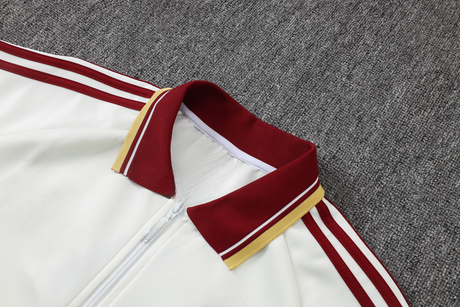 Detalle del cuello tipo polo granate y dorado y franjas de la manga del chándal España 26-27 Modelo 2