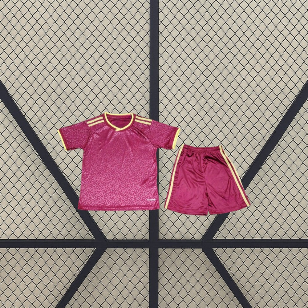Equipación España 26-27 edición especial campeones 2026 de niño con camiseta y pantalón granates, patrón tonal y detalles dorados