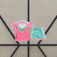 Equipación Real Oviedo 26-27 visitante infantil con camiseta rosa de panel blanco y menta y pantalón corto verde menta con franjas blancas