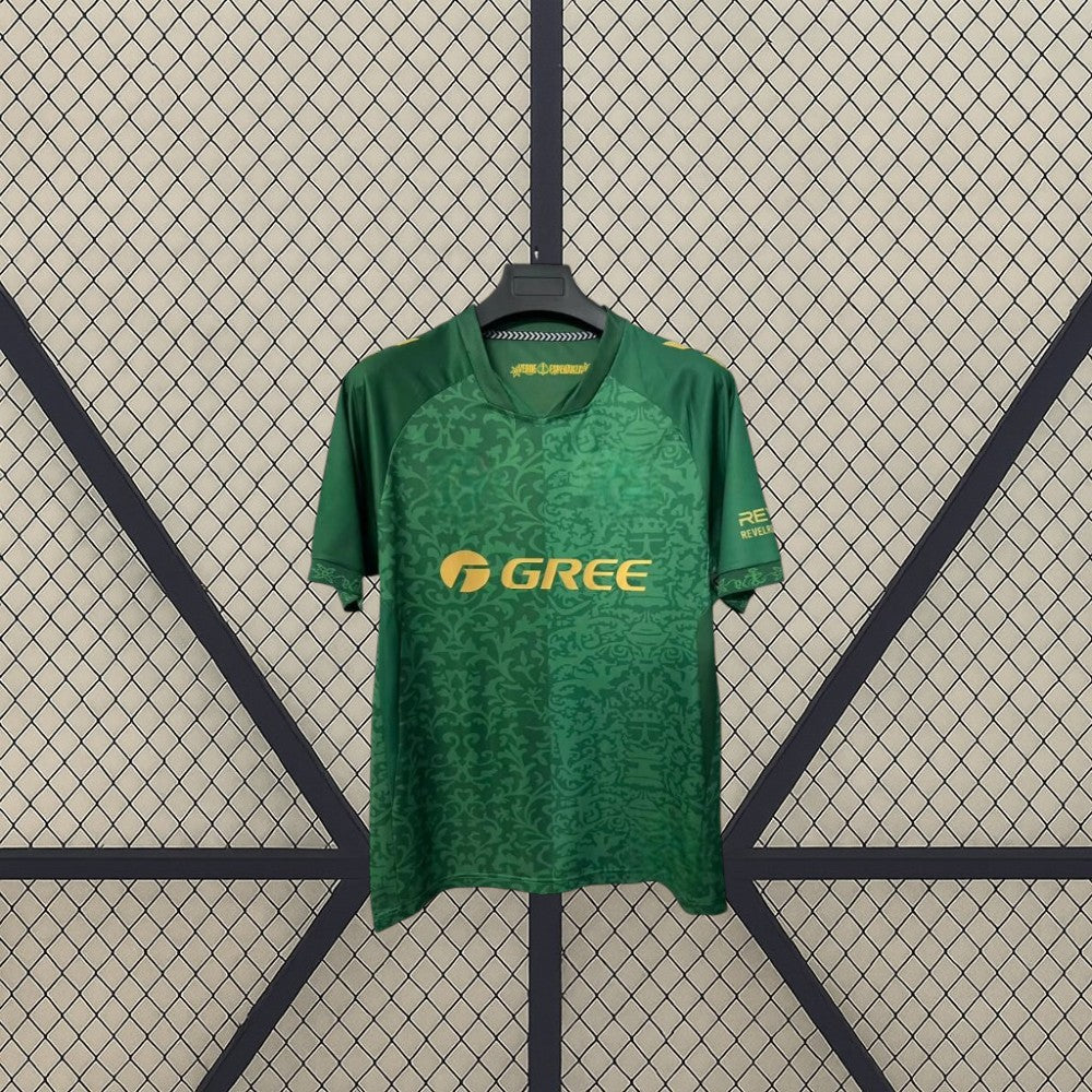 Vista frontal ampliada de la camiseta Real Betis 26-27 visitante, con mangas cortas, cuello ribeteado y estampado verde tonal