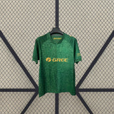Vista frontal ampliada de la camiseta Real Betis 26-27 visitante, con mangas cortas, cuello ribeteado y estampado verde tonal
