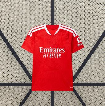 Vista frontal de la camiseta Benfica 26-27 local en rojo, con cuello en V, detalles blancos en los hombros y patrón tonal
