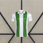 Vista frontal de la camiseta Cordoba 26-27 local en blanco, con franjas verticales verdes y cuello tipo polo