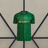 Vista frontal de la camiseta Real Betis 26-27 visitante en verde, con patrón ornamental tonal, cuello redondo y detalles dorados