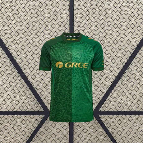 Vista frontal de la camiseta Real Betis 26-27 visitante en verde, con patrón ornamental tonal, cuello redondo y detalles dorados