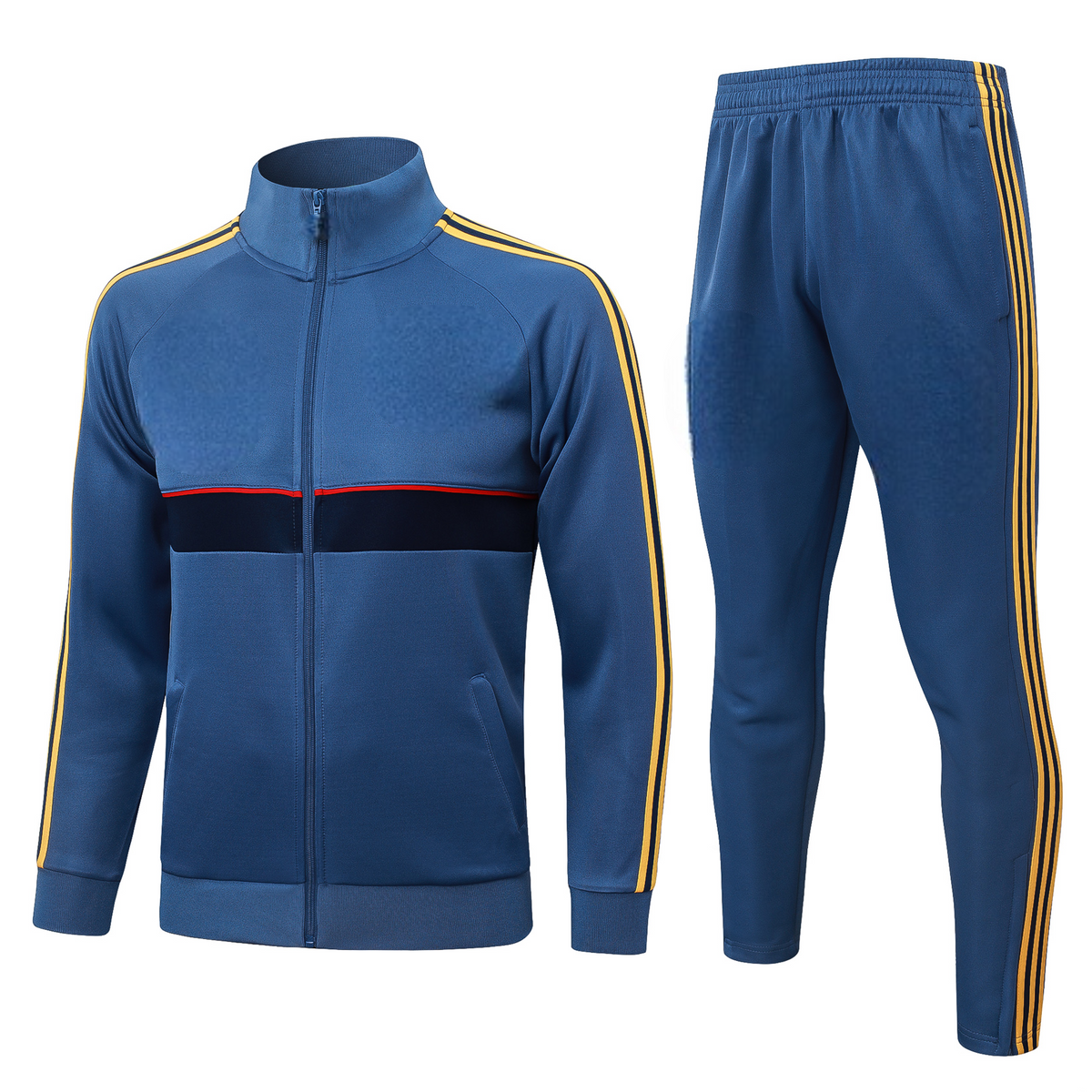 Vista frontal del chándal Arsenal 26-27 Modelo 2 con chaqueta azul de cremallera completa y pantalón con franjas amarillas
