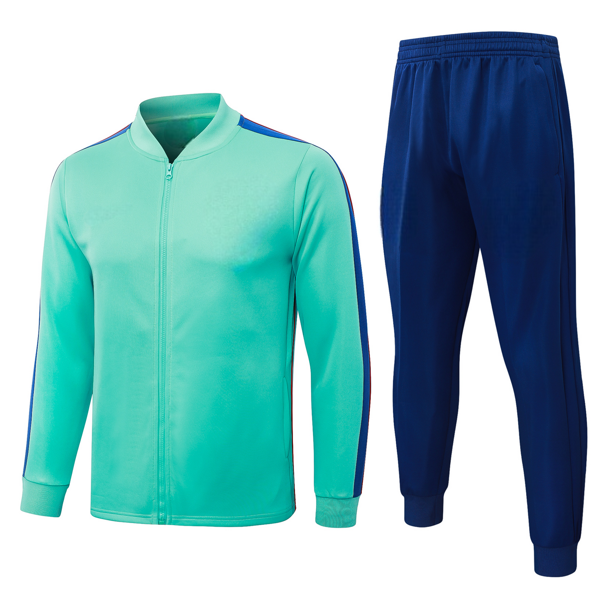 Vista frontal del chándal Barcelona 26-27 Modelo 3 con chaqueta verde agua de cremallera completa y pantalón azul