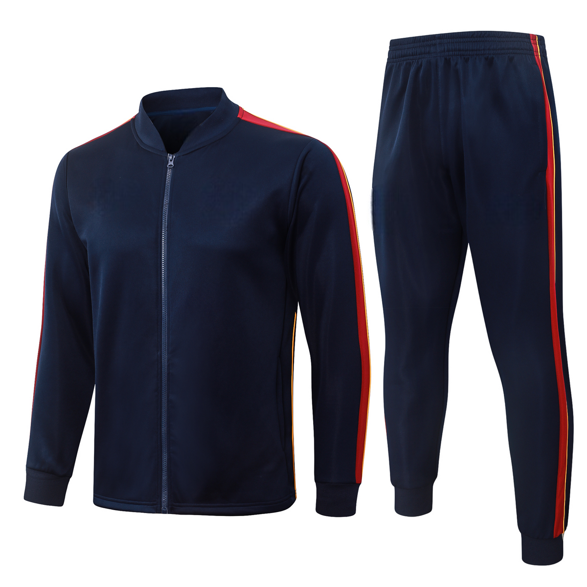 Vista frontal del chándal Barcelona 26-27 Modelo 4 con chaqueta de cremallera completa y pantalón azul marino