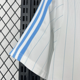 Detalle de manga de la camiseta Argentina 26-27 casual con franjas celestes y tejido blanco