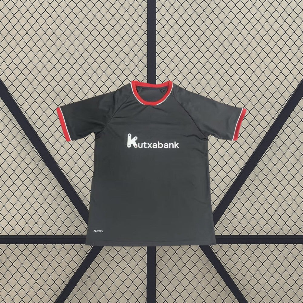 Camiseta Athletic de Bilbao 26-27 visitante frontal en gris oscuro con cuello y mangas en rojo