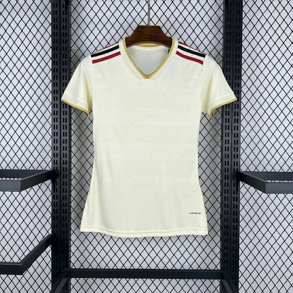 Camiseta Flamengo 25-26 tercera equipación mujer vista frontal en blanco roto con detalles dorados