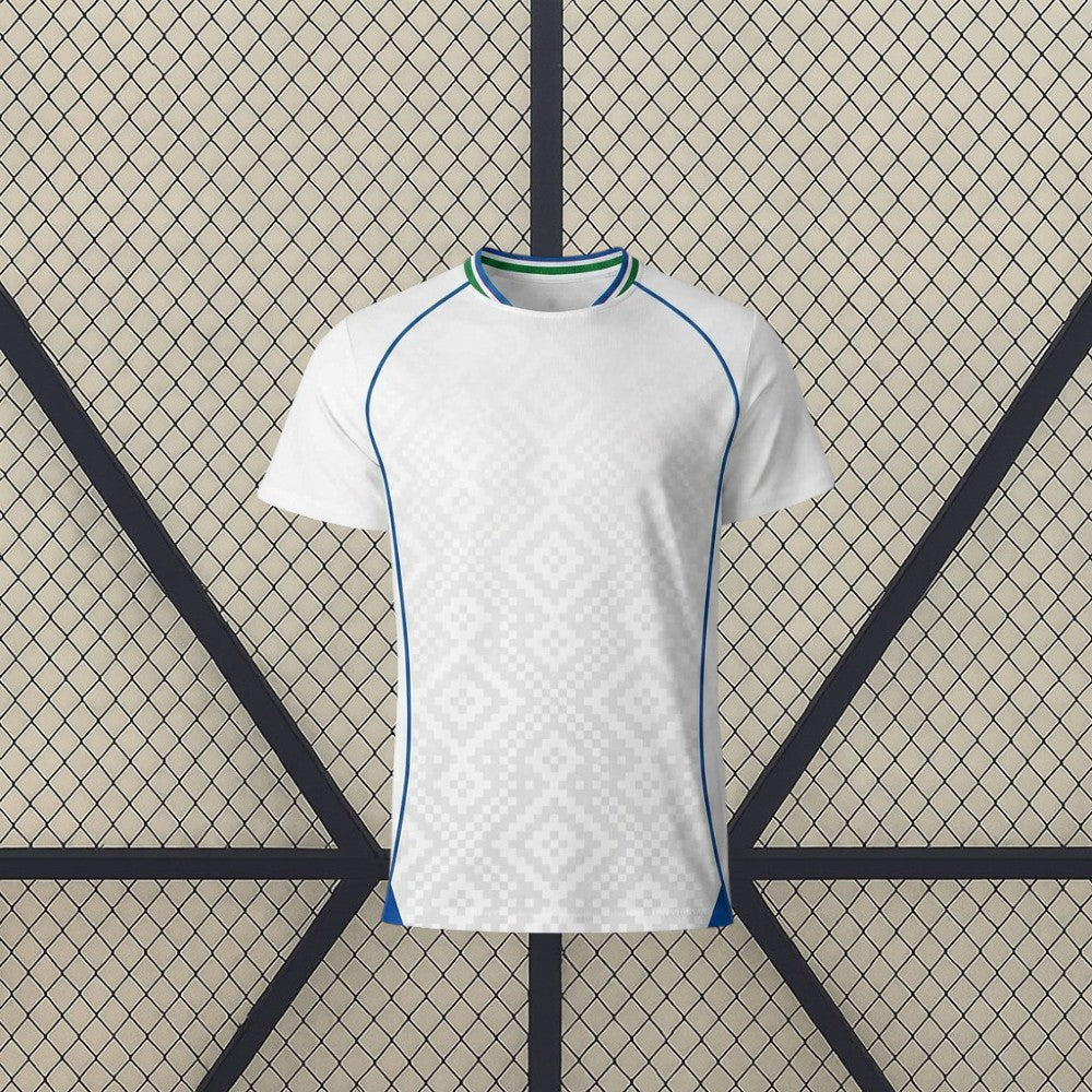 Camiseta Uzbekistán 26-27 visitante Mundial 2026 vista frontal en blanco con detalles azules