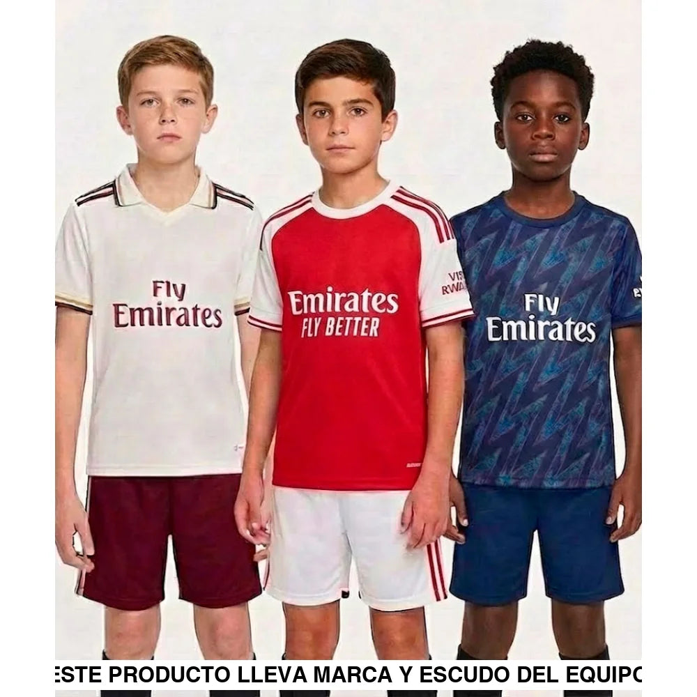 Pack Trío de Equipaciones Arsenal Niño 25-26 (Local + Visitante + 3ª) Equipación Niño