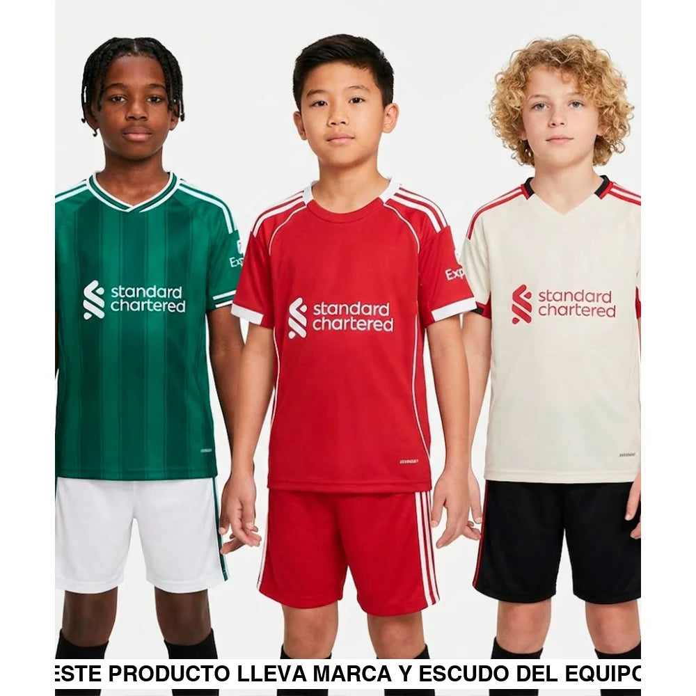 Pack Trío de Equipaciones Liverpool Niño 25-26 (Local + Visitante + 3ª) Equipación Niño